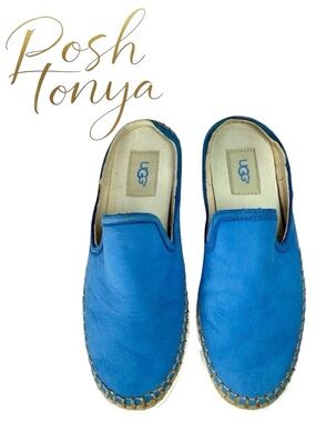 UGG Caleel Suede Slip On Mule Sneakers Espadrille Blue Size 6.5 Coastal Chic